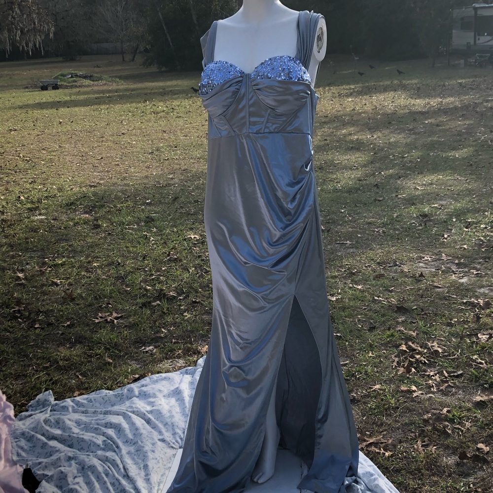 Shimmering SHEIN Belle  Blue Satin Like Gown Adorned With Blue Sequins S2XL